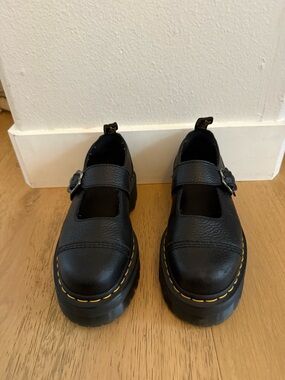 Dr Marten Black Mary Jane Platform Shoes with Yellow Stitching